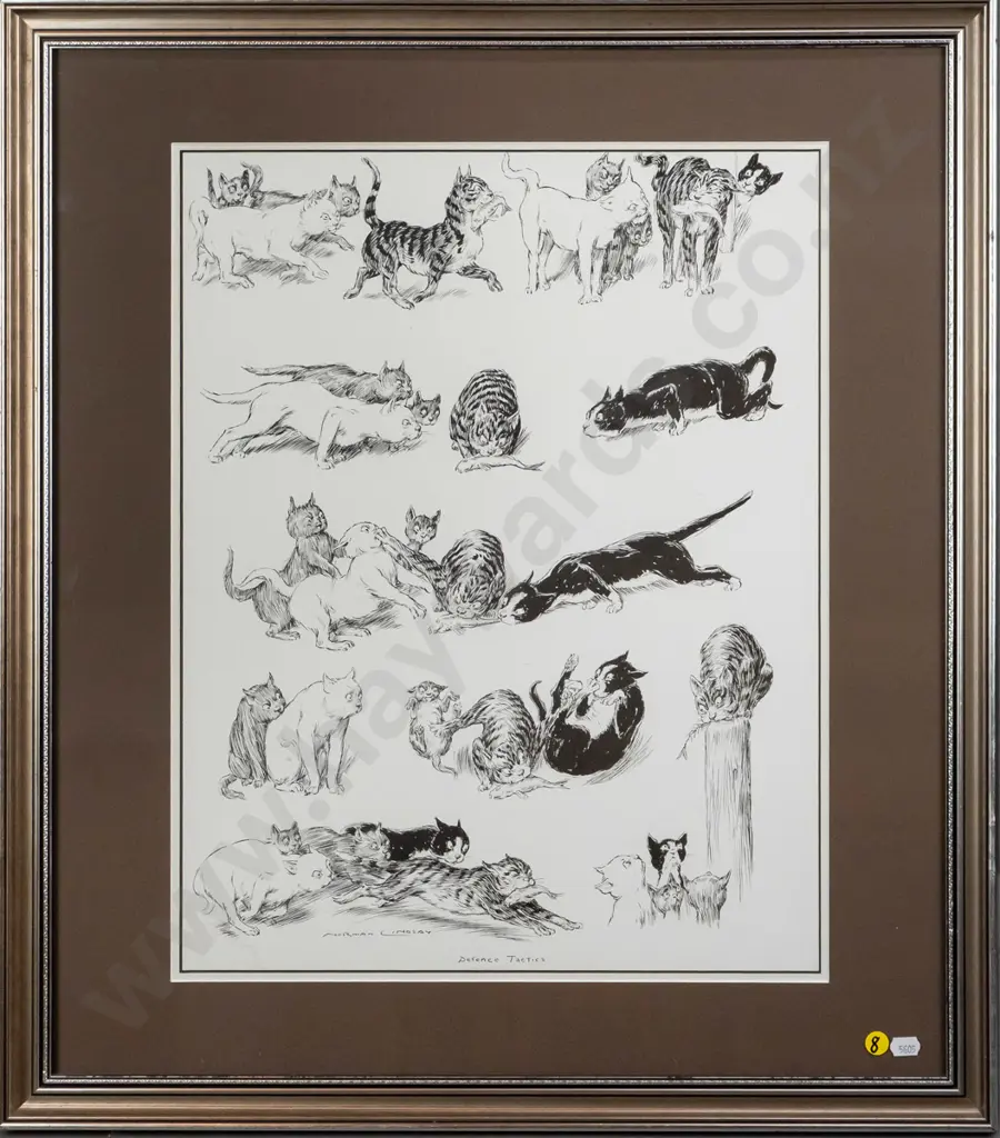 framed Norman Lindsay print "Defence Tactics"  H-490 W-380 (water stain to one corner) Image 1++
