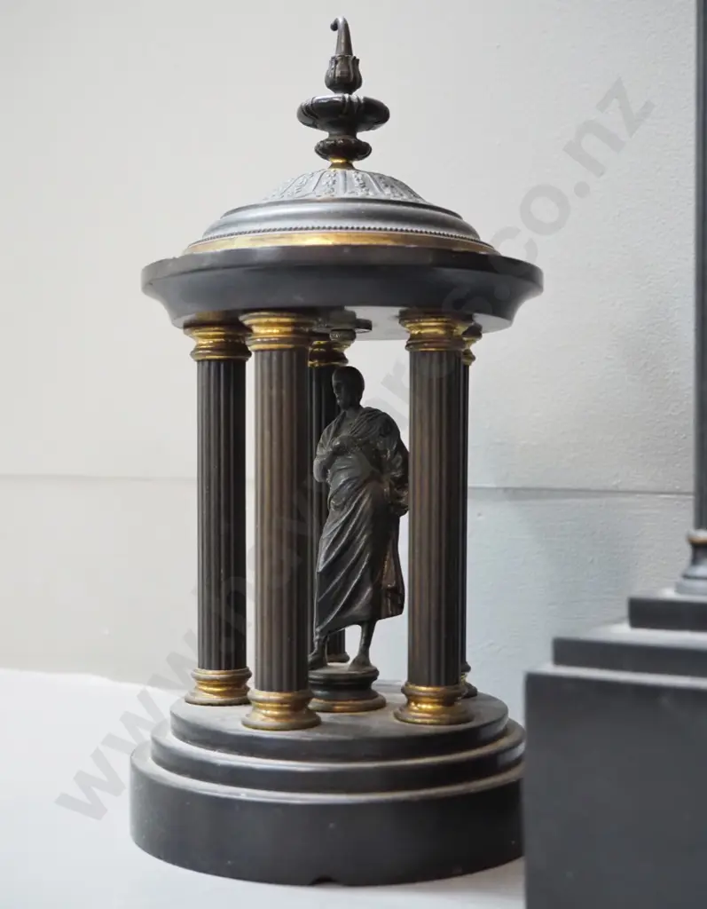 vintage ornate heavy marble 3-piece clock & garniture set w/ figural detail, metal columns, brass bezel, porcelain face. Image 1++