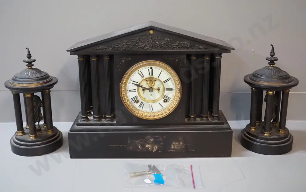 vintage ornate heavy marble 3-piece clock & garniture set w/ figural detail, metal columns, brass bezel, porcelain face. Image 1++
