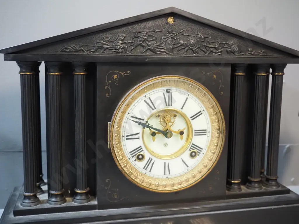 vintage ornate heavy marble 3-piece clock & garniture set w/ figural detail, metal columns, brass bezel, porcelain face. Image 1++