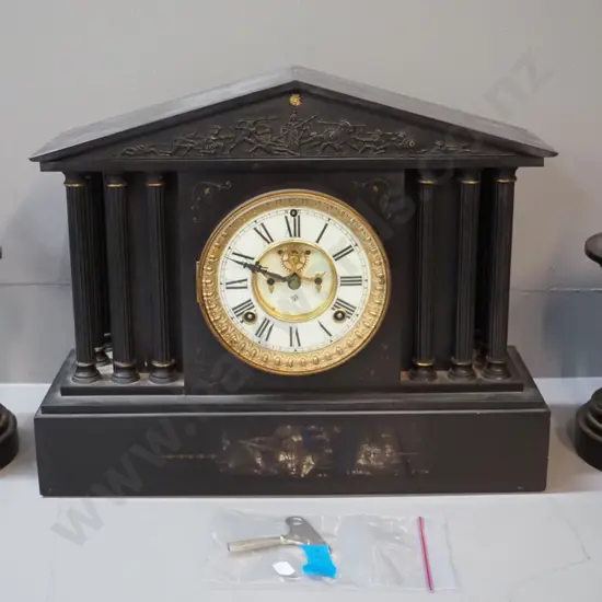vintage ornate heavy marble 3-piece clock & garniture set w/ figural detail, metal columns, brass bezel, porcelain face.