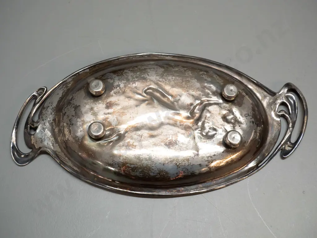 nouveau style silver plated handled tray with figural fairies pattern L-340 W-175 Image 1++