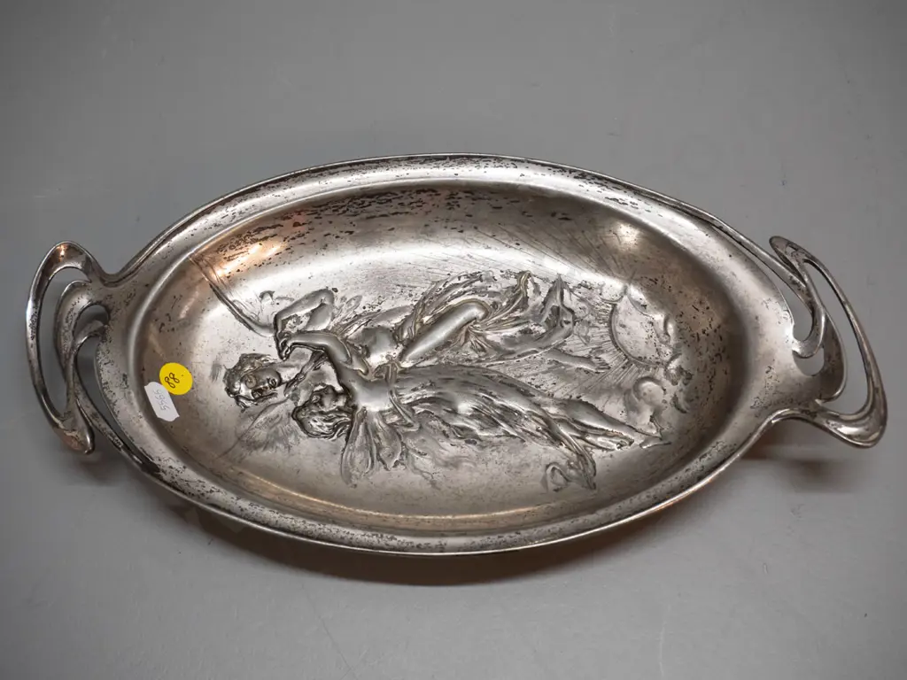 nouveau style silver plated handled tray with figural fairies pattern L-340 W-175 Image 1++