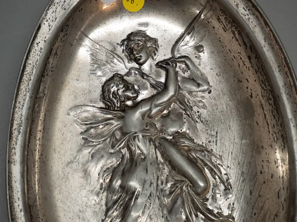 nouveau style silver plated handled tray with figural fairies pattern L-340 W-175 Image 1++