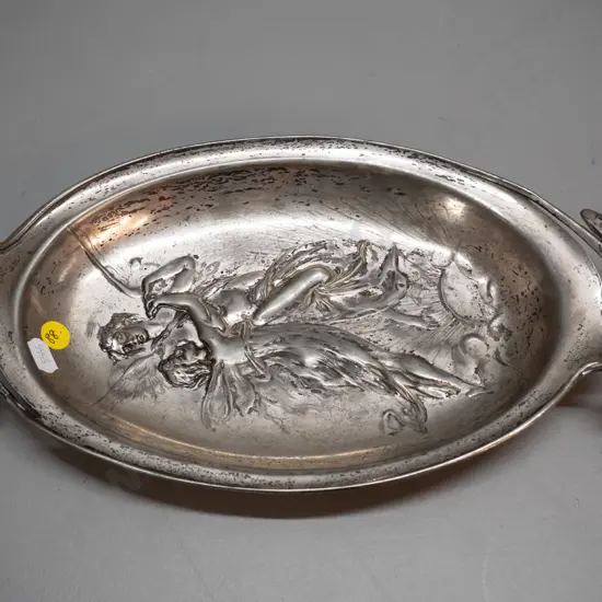 nouveau style silver plated handled tray with figural fairies pattern L-340 W-175