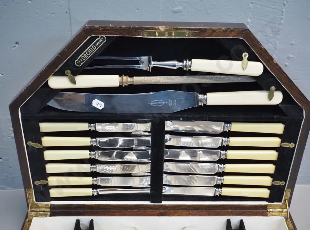 dark stained oak canteen of cutlery - knives are bone handled, carving knife marked Viner's - 6 place, some Image 1++
