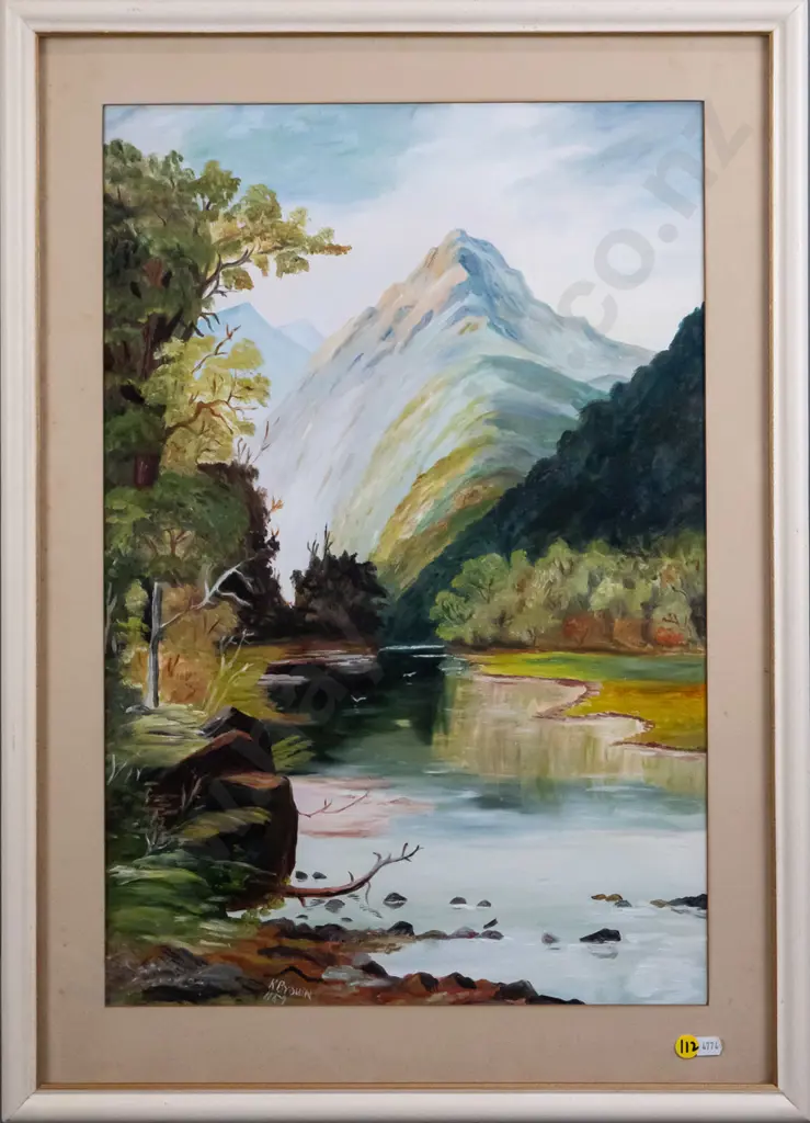 R Brown 1962 - framed oil - lake and river scene H-540 W-360 (slight foxing to mat) Image 1++