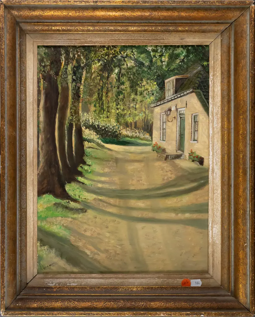 framed oil - trees and cottage H-340 W-250 Image 1++
