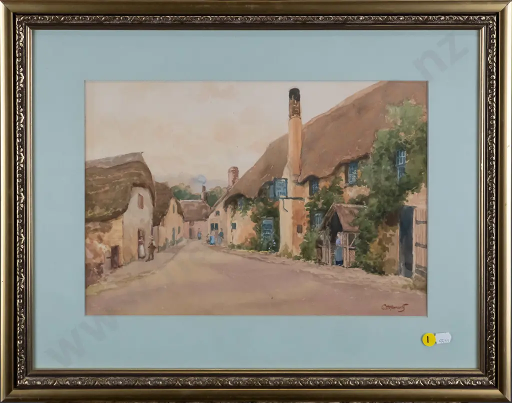 framed watercolour - village street scene H-245 W-360 Image 1++