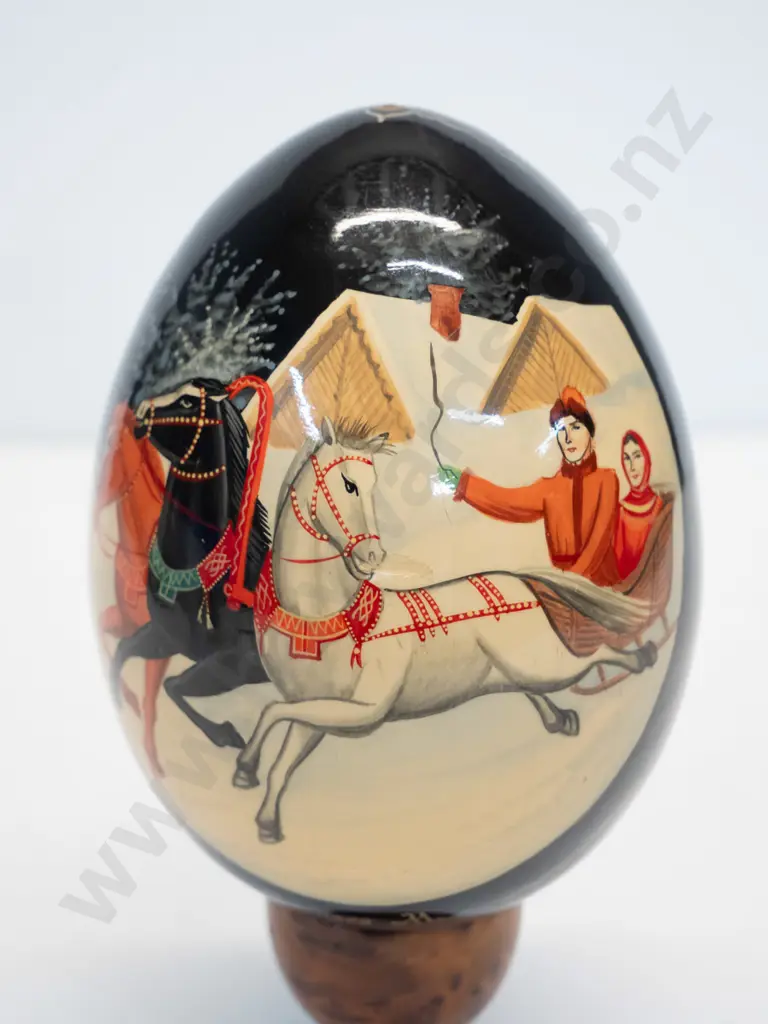 Russian folk art hand painted and signed wooden egg on stand Image 1++