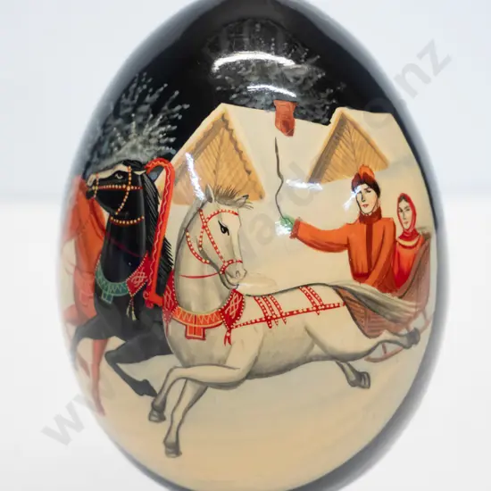 Russian folk art hand painted and signed wooden egg on stand