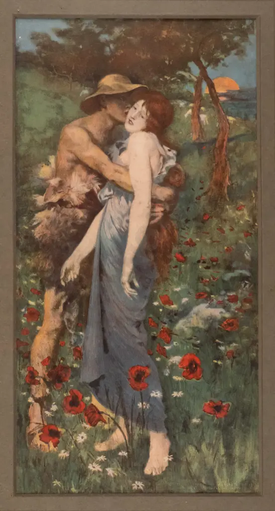 framed vintage print - woman being kissed H-390 W-190 (framing needs attention) Image 1++