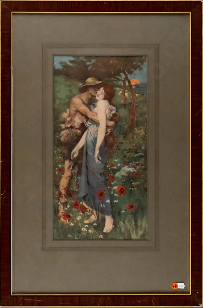framed vintage print - woman being kissed H-390 W-190 (framing needs attention) Image 1++