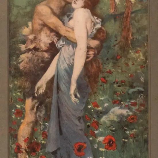 framed vintage print - woman being kissed H-390 W-190 (framing needs attention)