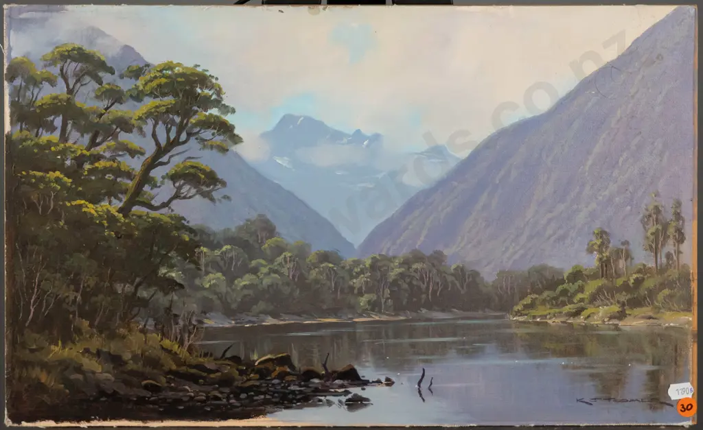 KJ Toomer - oil on board - lake and mountain scene H-295 W-480 Image 1++