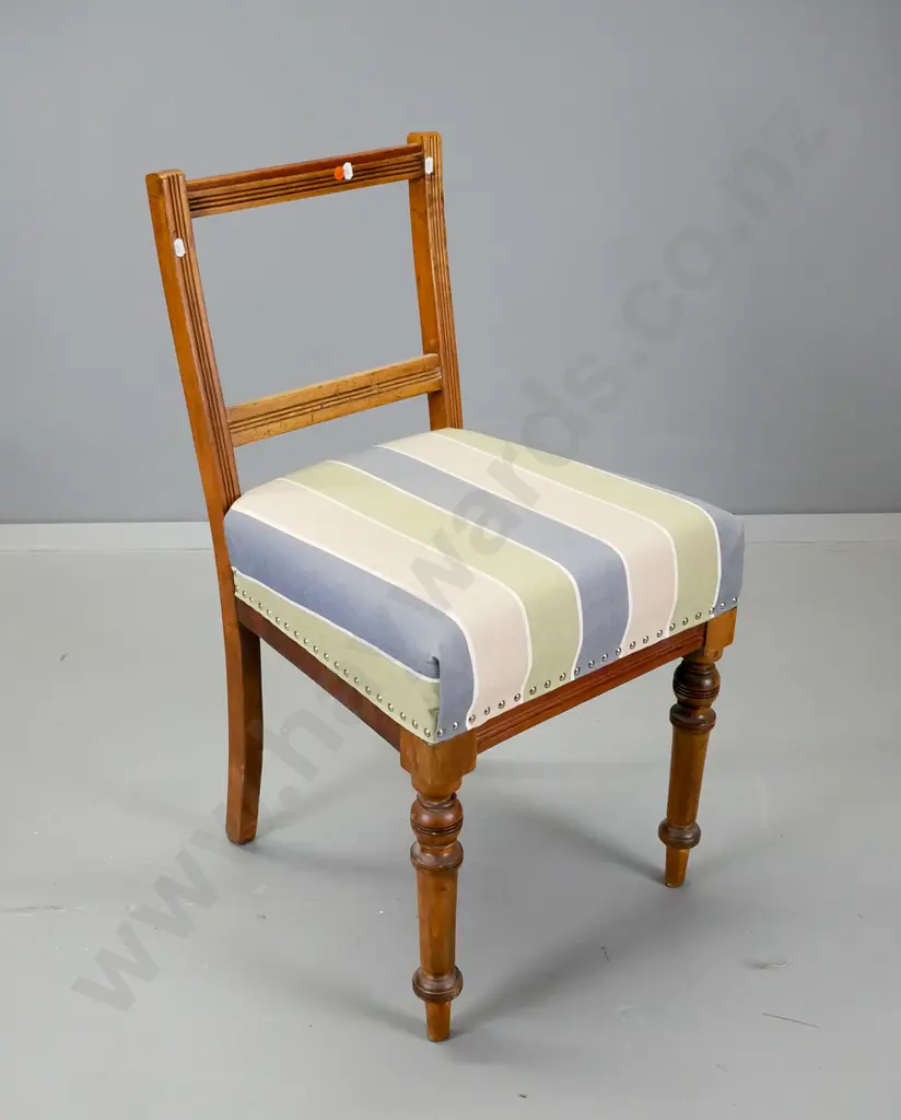 vintage walnut dining chair with turned legs, silver studded cotton fabric upholstered seat H-810 W-430 D-430 Image 1++