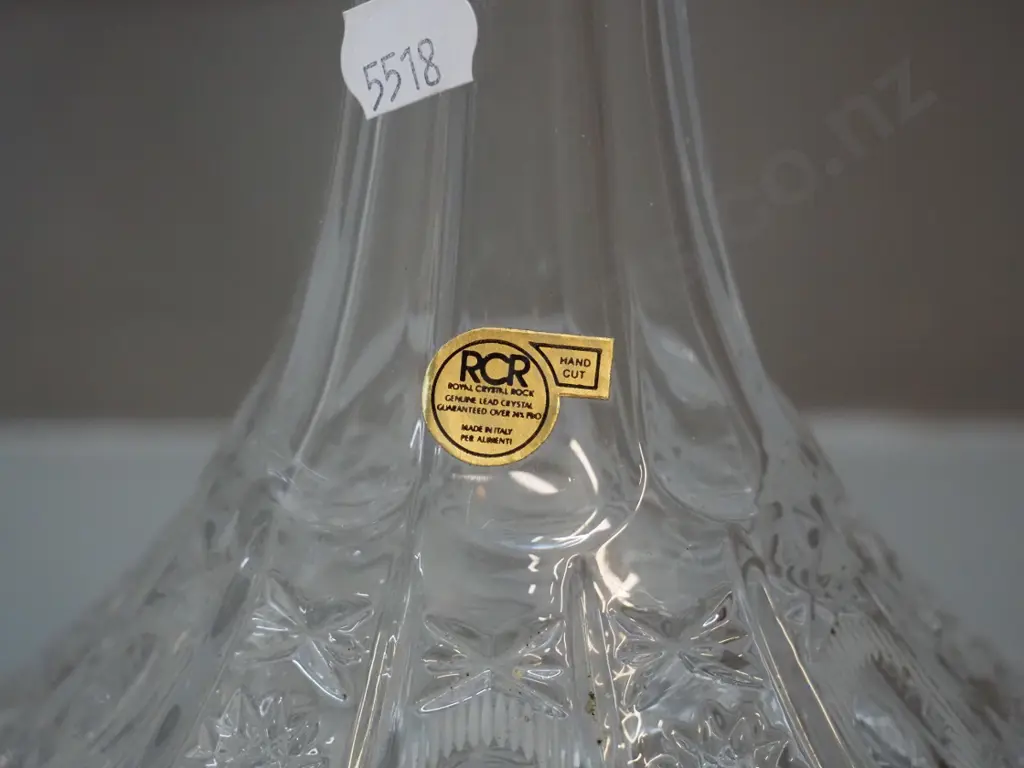 3 stoppered crystal decanters - RCR Italian cut crystal ship's decanter H300 D180, a moulded ship's decanter and Image 1++