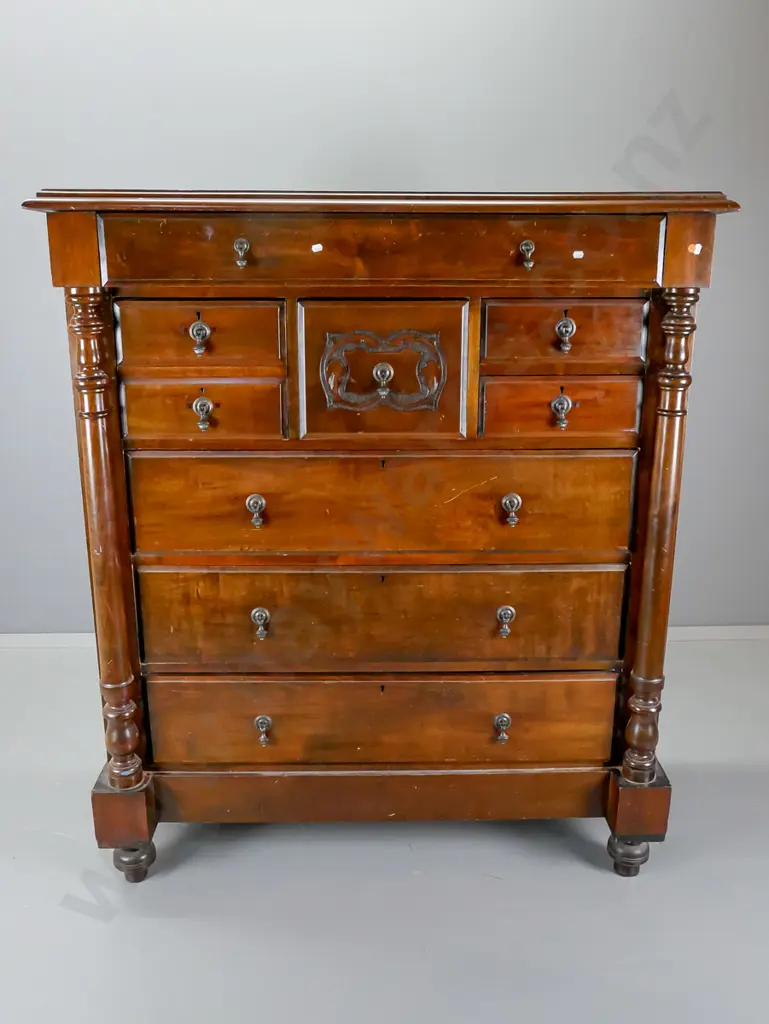 Victorian large 8-drawer Scotch chest with carved details and columns, non-original drop handles, has split to one end, Image 1++