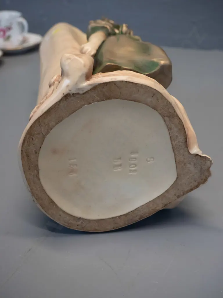 German? amphora style porcelain vase with figural relief decoration - base marked 8908BB - has small chip at Image 1++