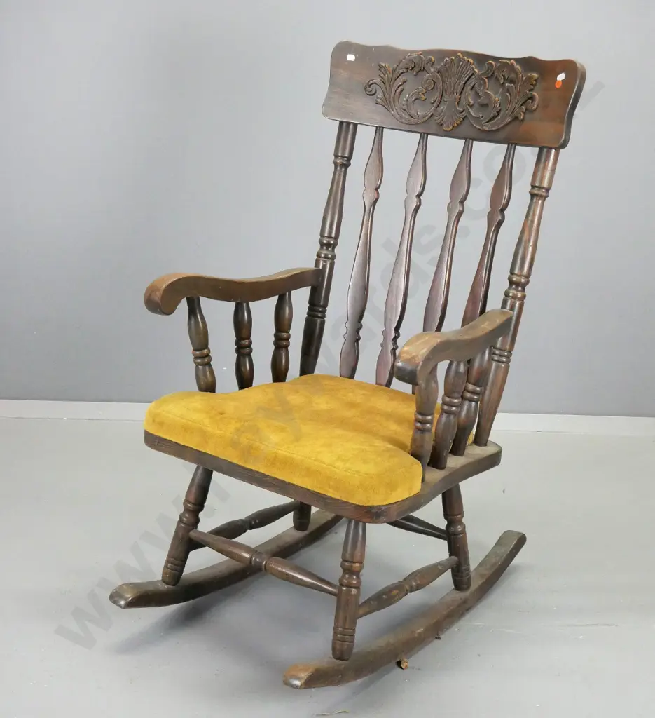 vintage American style timber rocking chair with splat back, carved top rail, velvet upholstered seat - polish needs a Image 1++