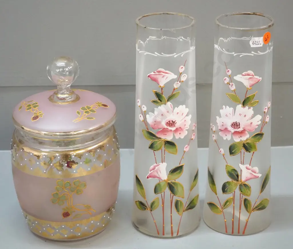 pair of hand-painted tall glass vases - minor chips to rim H-270 - and a strawberry themed glass biscuit barrel Image 1++