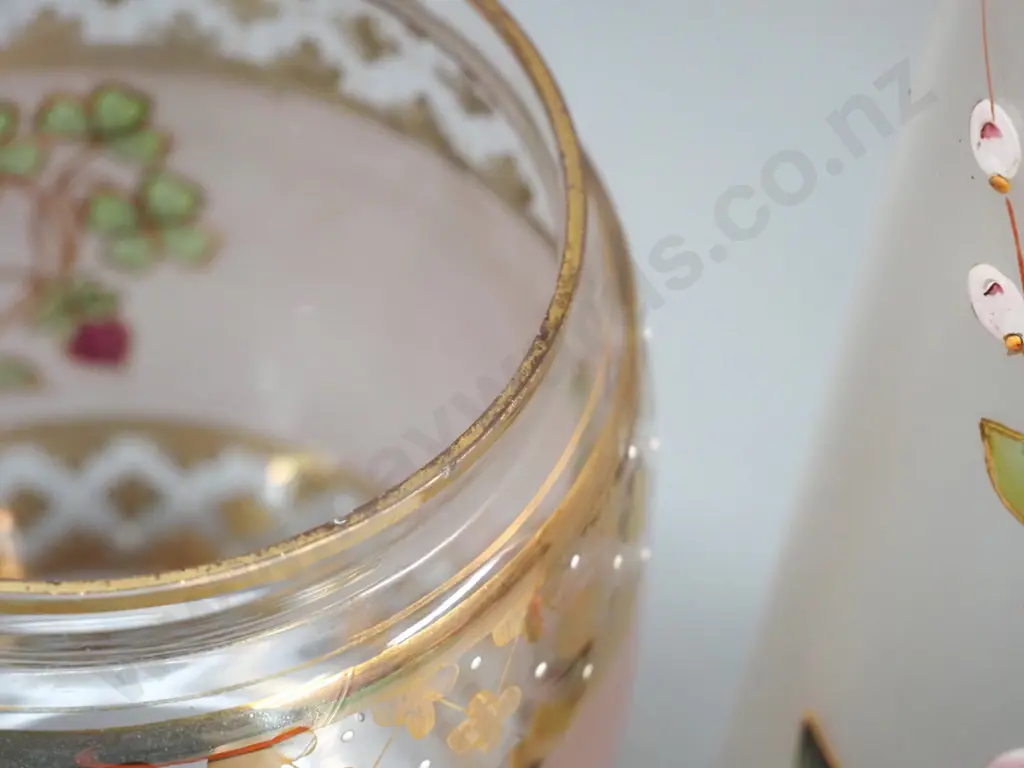 pair of hand-painted tall glass vases - minor chips to rim H-270 - and a strawberry themed glass biscuit barrel Image 1++