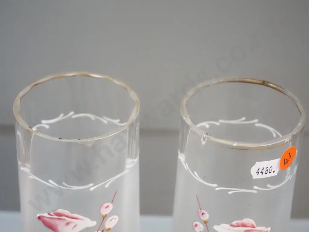 pair of hand-painted tall glass vases - minor chips to rim H-270 - and a strawberry themed glass biscuit barrel Image 1++