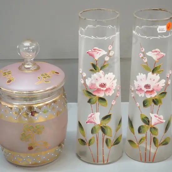 pair of hand-painted tall glass vases - minor chips to rim H-270 - and a strawberry themed glass biscuit barrel