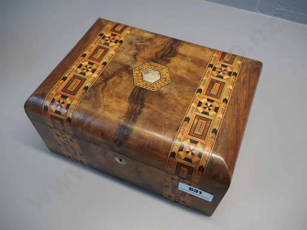 Walnut workbox with Tunbridge ware inlay, mother of pearl central boss and escutcheon, missing tray Image 1++