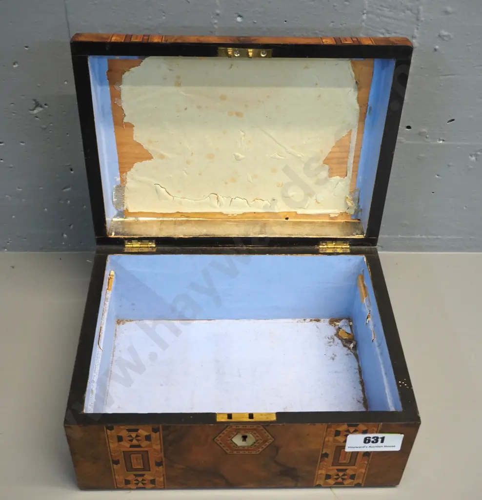 Walnut workbox with Tunbridge ware inlay, mother of pearl central boss and escutcheon, missing tray Image 1++