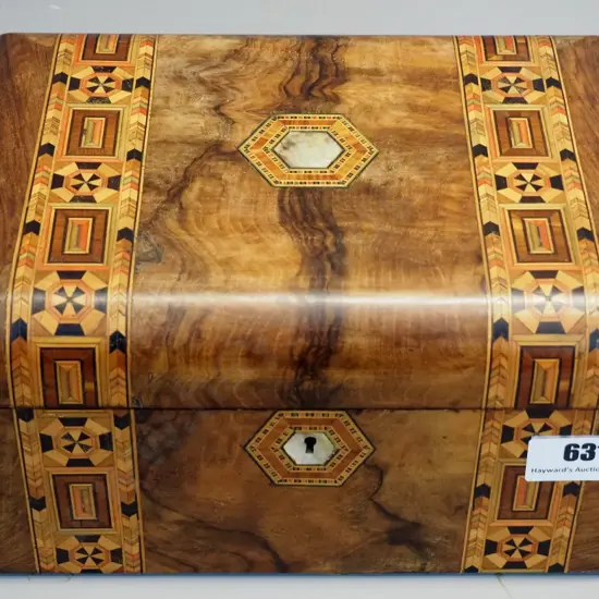 Walnut workbox with Tunbridge ware inlay, mother of pearl central boss and escutcheon, missing tray