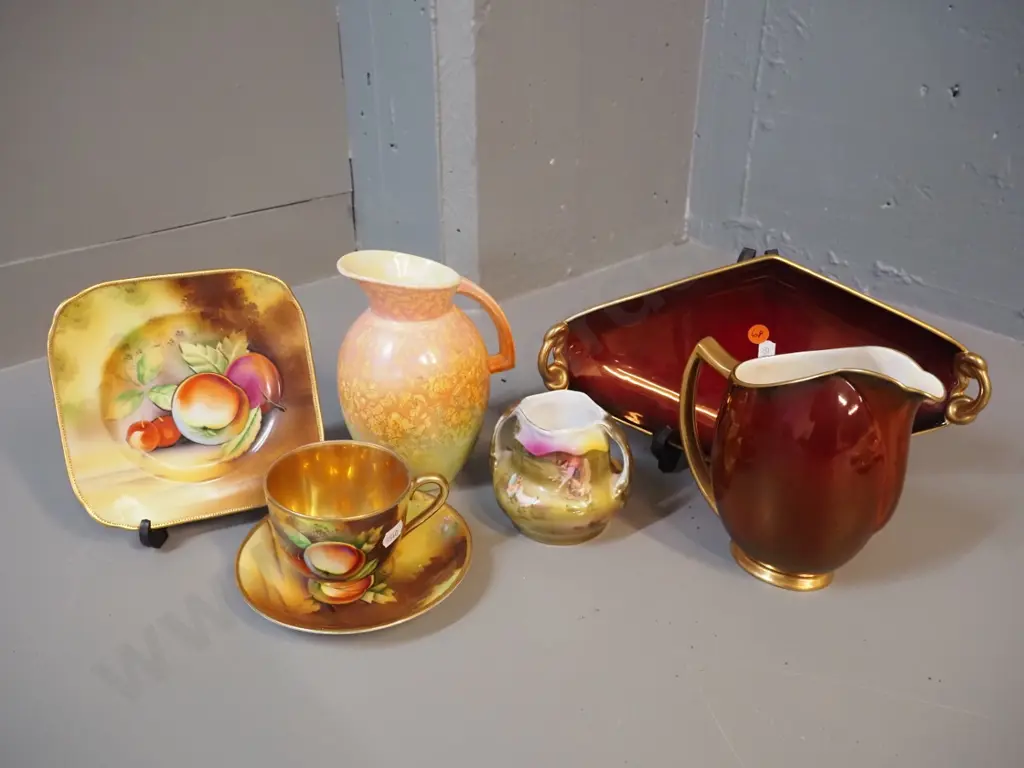 assorted vintage china - Bayreuth small handled vase, Carlton Ware rouge royale dish and jug, English mottled glaze jug, Image 1++