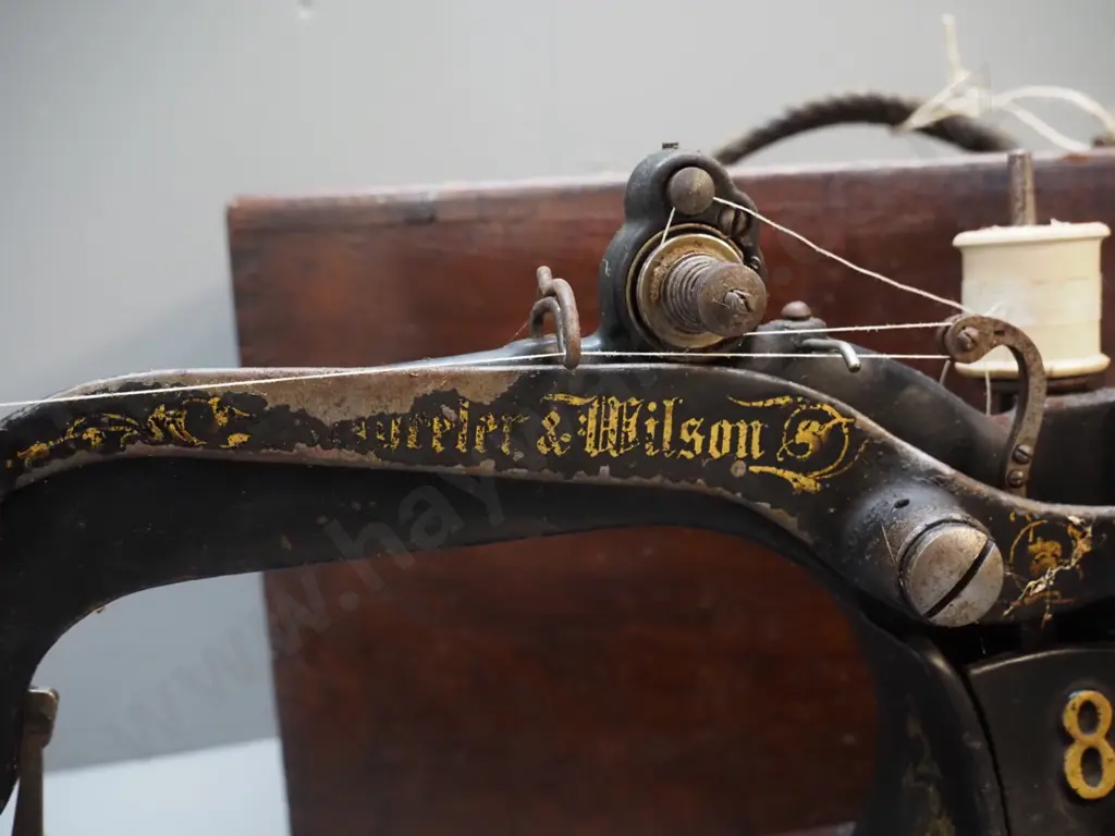 antique wood-cased Wheeler & Wilson #8 sewing machine - Bridgeport Conn. USA - wooden handle end is Image 1++