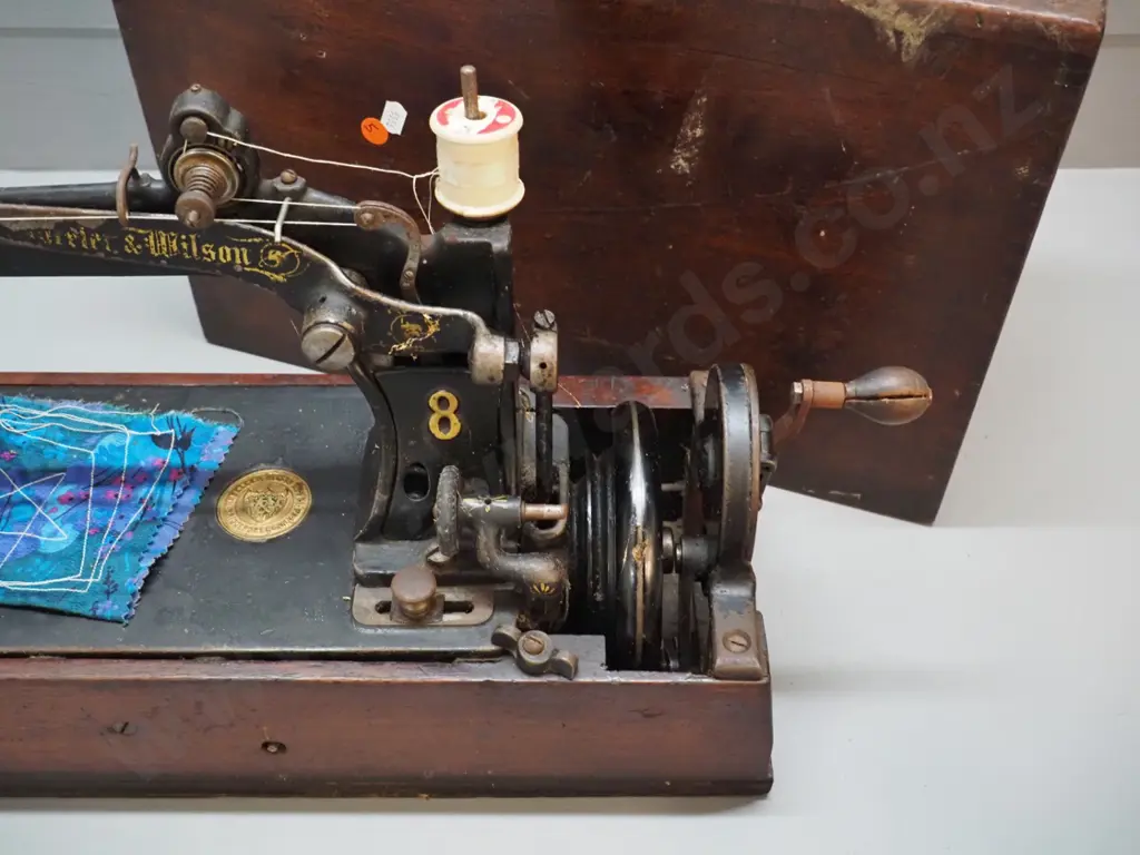 antique wood-cased Wheeler & Wilson #8 sewing machine - Bridgeport Conn. USA - wooden handle end is Image 1++