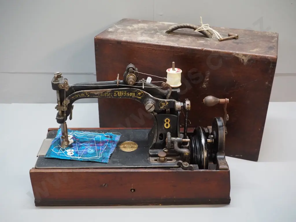 antique wood-cased Wheeler & Wilson #8 sewing machine - Bridgeport Conn. USA - wooden handle end is Image 1++