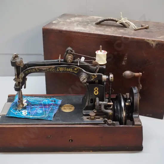 antique wood-cased Wheeler & Wilson #8 sewing machine - Bridgeport Conn. USA - wooden handle end is