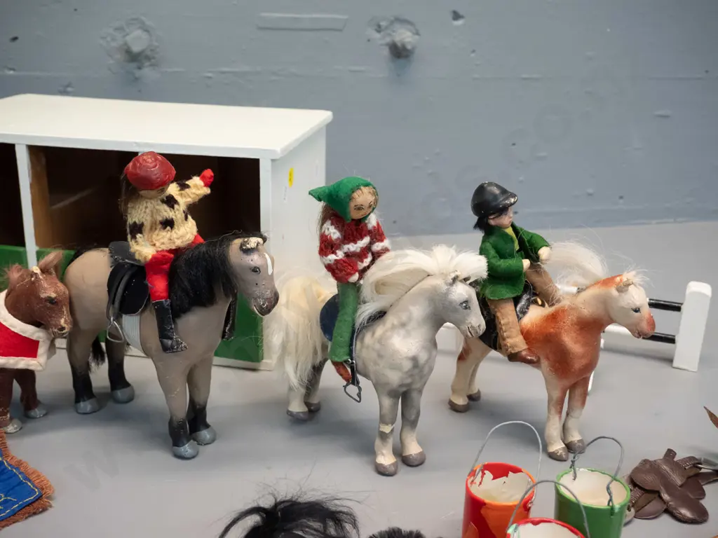 large collection of Julip horses, riders, and accessories, including saddles, blankets, harness, jumps, home-made Image 1++