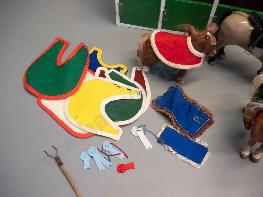 large collection of Julip horses, riders, and accessories, including saddles, blankets, harness, jumps, home-made Image 1++