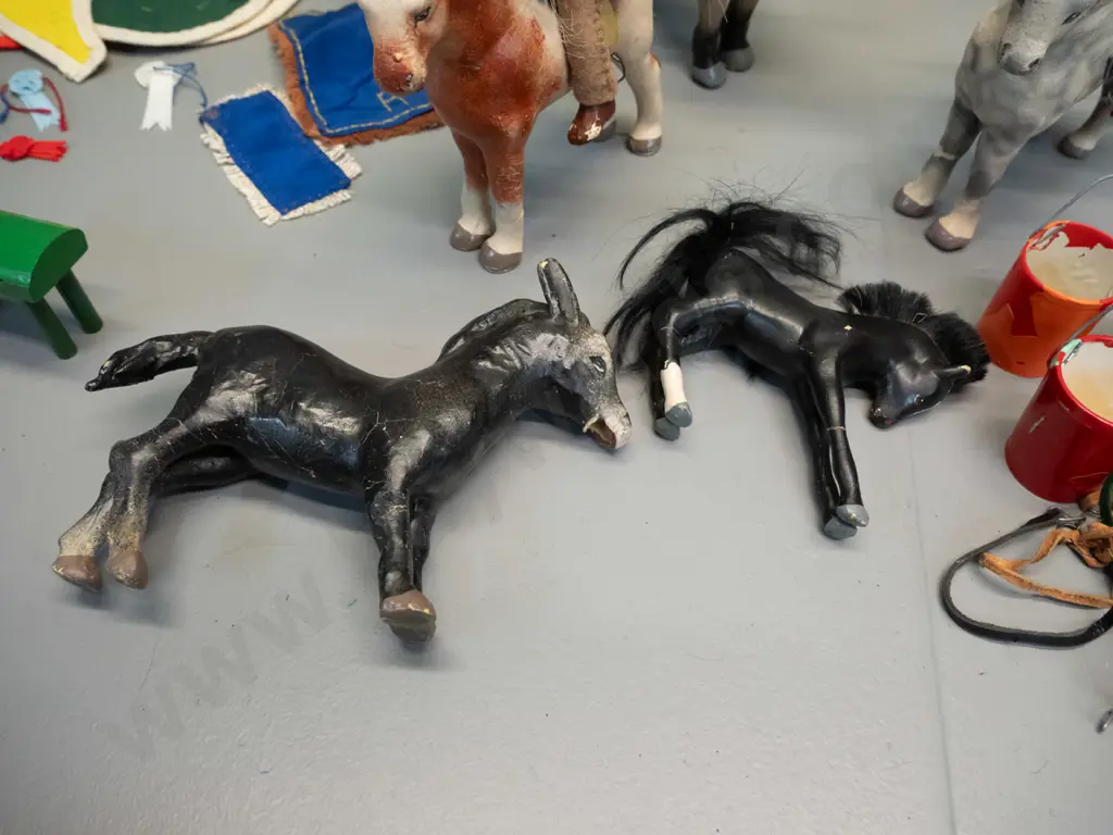 large collection of Julip horses, riders, and accessories, including saddles, blankets, harness, jumps, home-made Image 1++