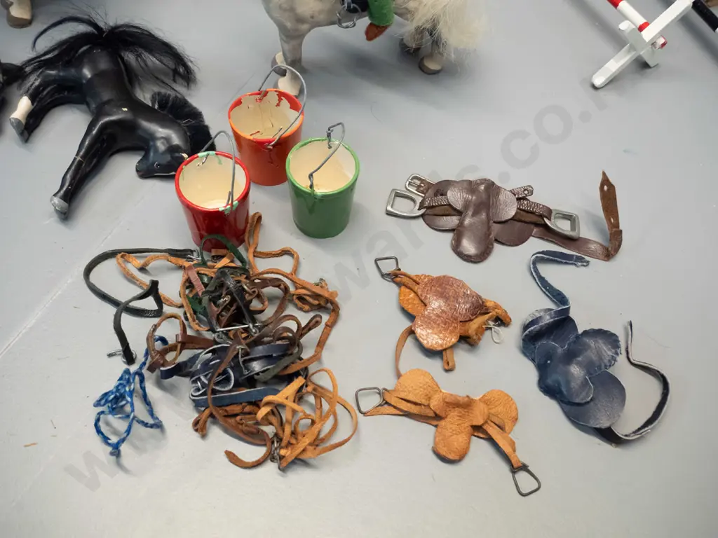 large collection of Julip horses, riders, and accessories, including saddles, blankets, harness, jumps, home-made Image 1++