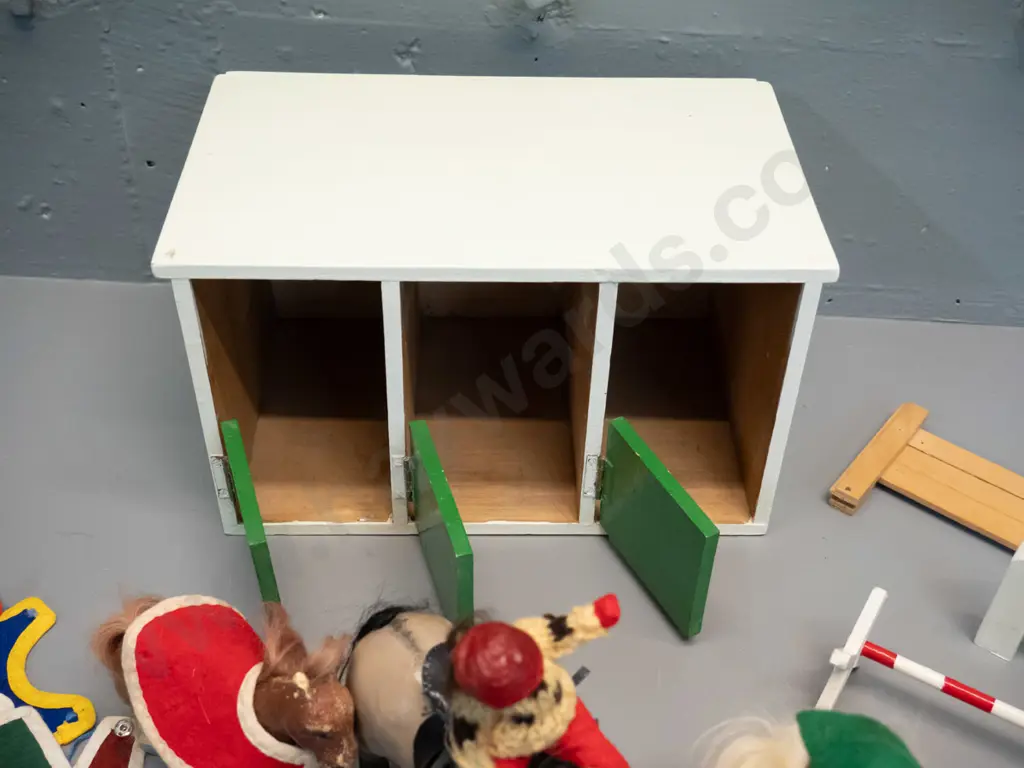 large collection of Julip horses, riders, and accessories, including saddles, blankets, harness, jumps, home-made Image 1++