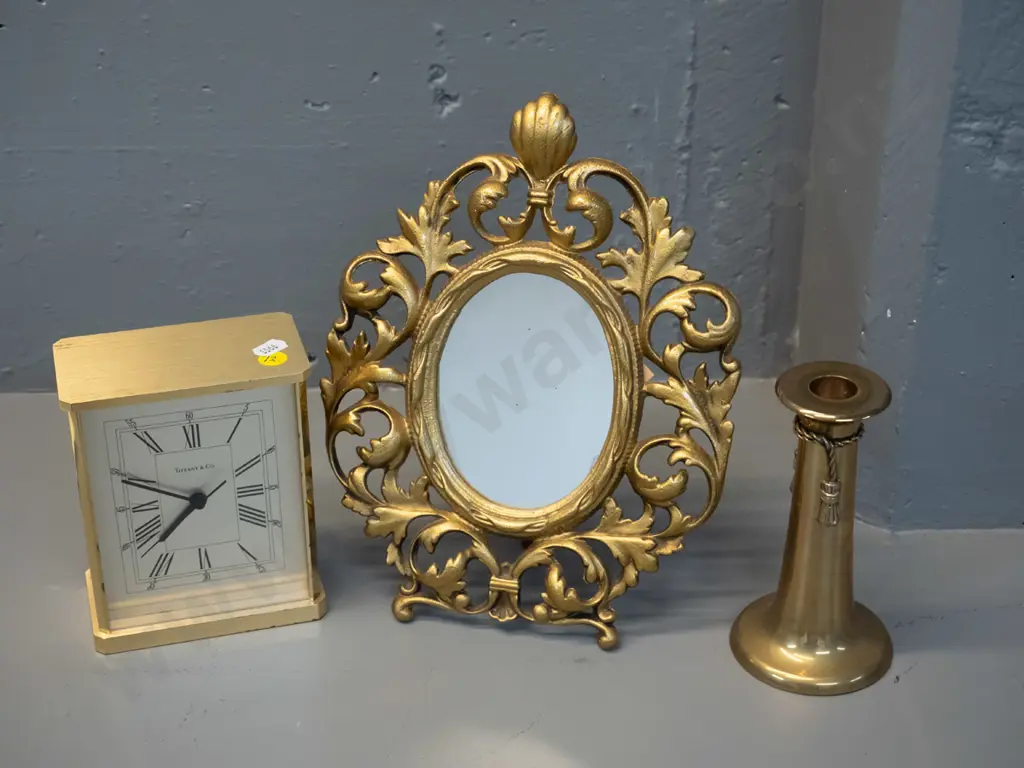 heavy Tiffany & Co brass cased clock with quartz movement, retro cast metal Duncraft Timaru table mirror H280 W210 and a Image 1++