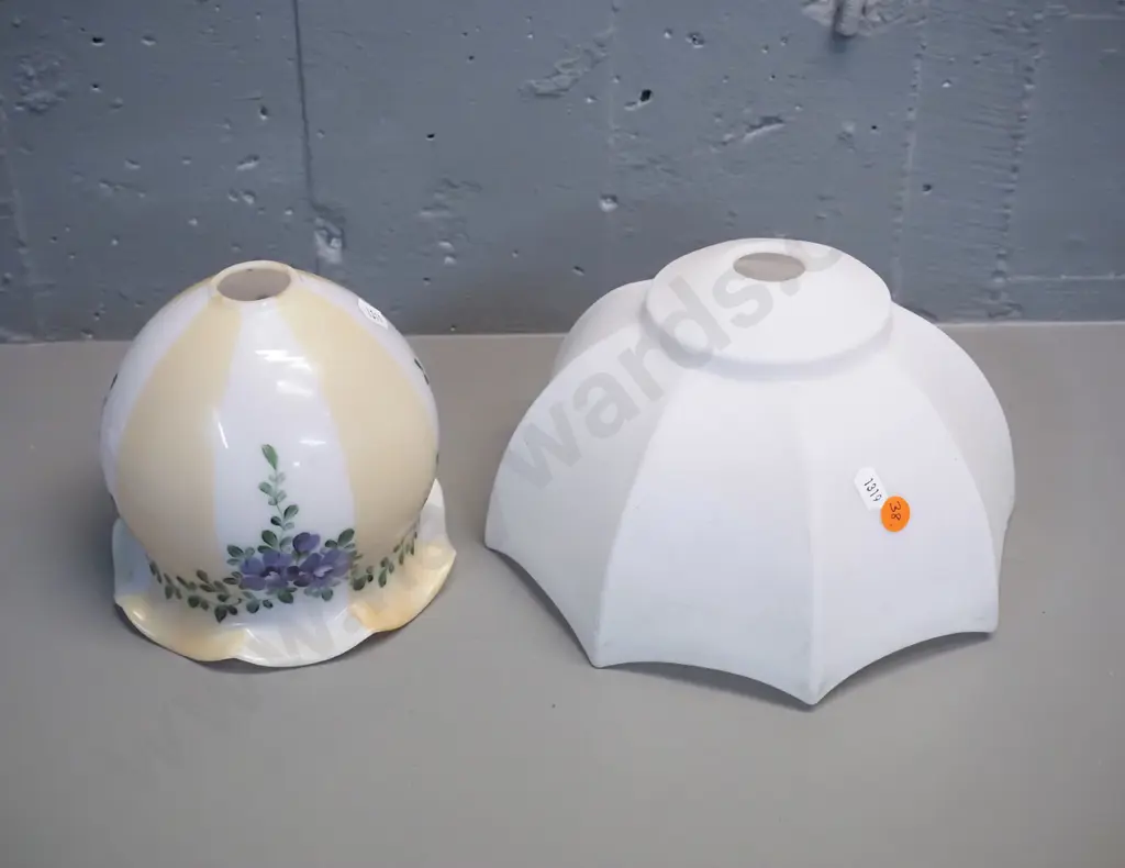 2 vintage glass light shades - octagonal milk glass and a small floral and stripe hand painted H-150 D-140 Image 1++