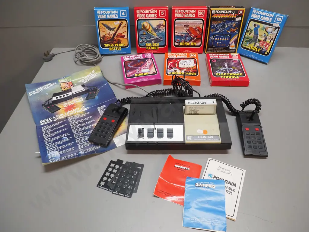 early Fountain video game console with 9 game cartridges, most in original box, w/poster etc. Image 1++