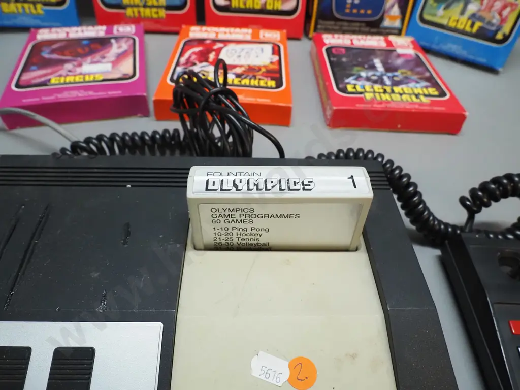 early Fountain video game console with 9 game cartridges, most in original box, w/poster etc. Image 1++