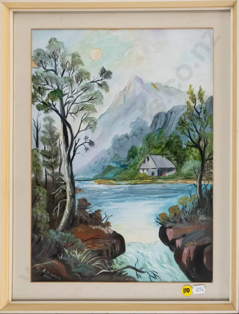 R Brown 1965 - framed oil - lake and mountain scene H-340 W-250 Image 1++