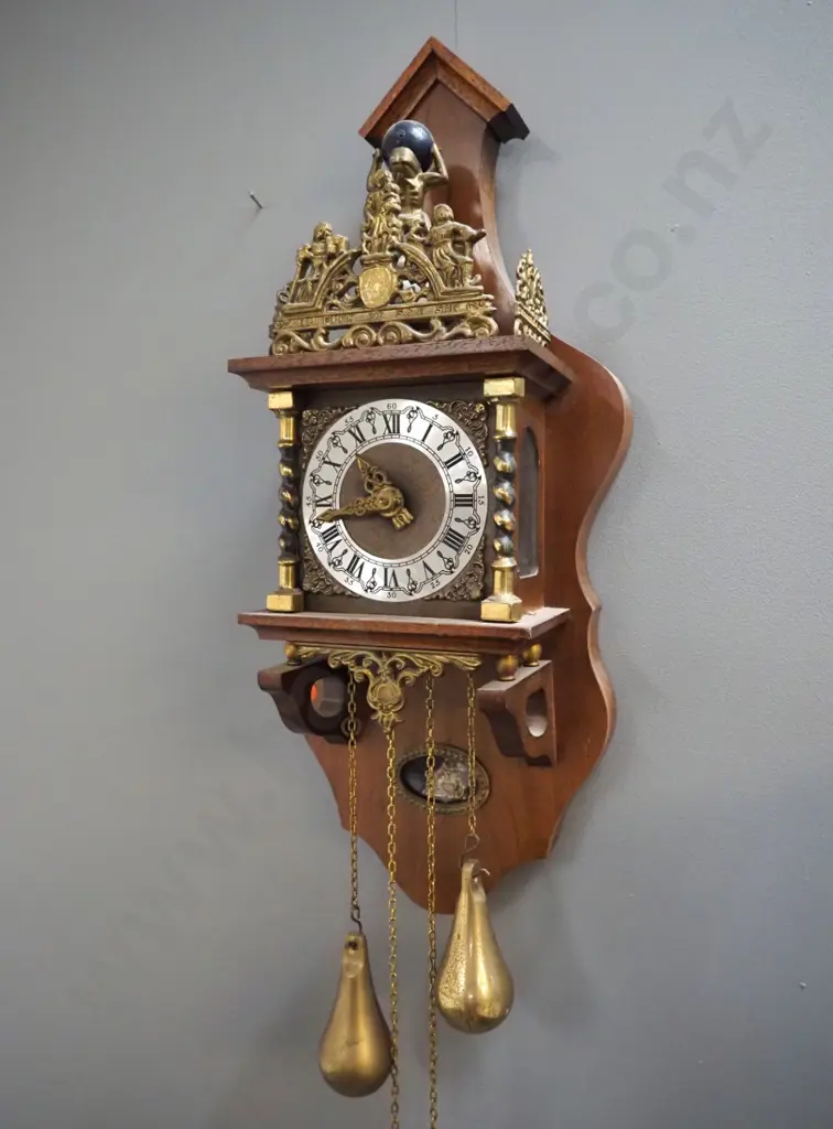 wood-cased wall clock with ormolu ornaments, Atlas figure, figural pendulum, some pitting to brass weights H640 W250 Image 1++