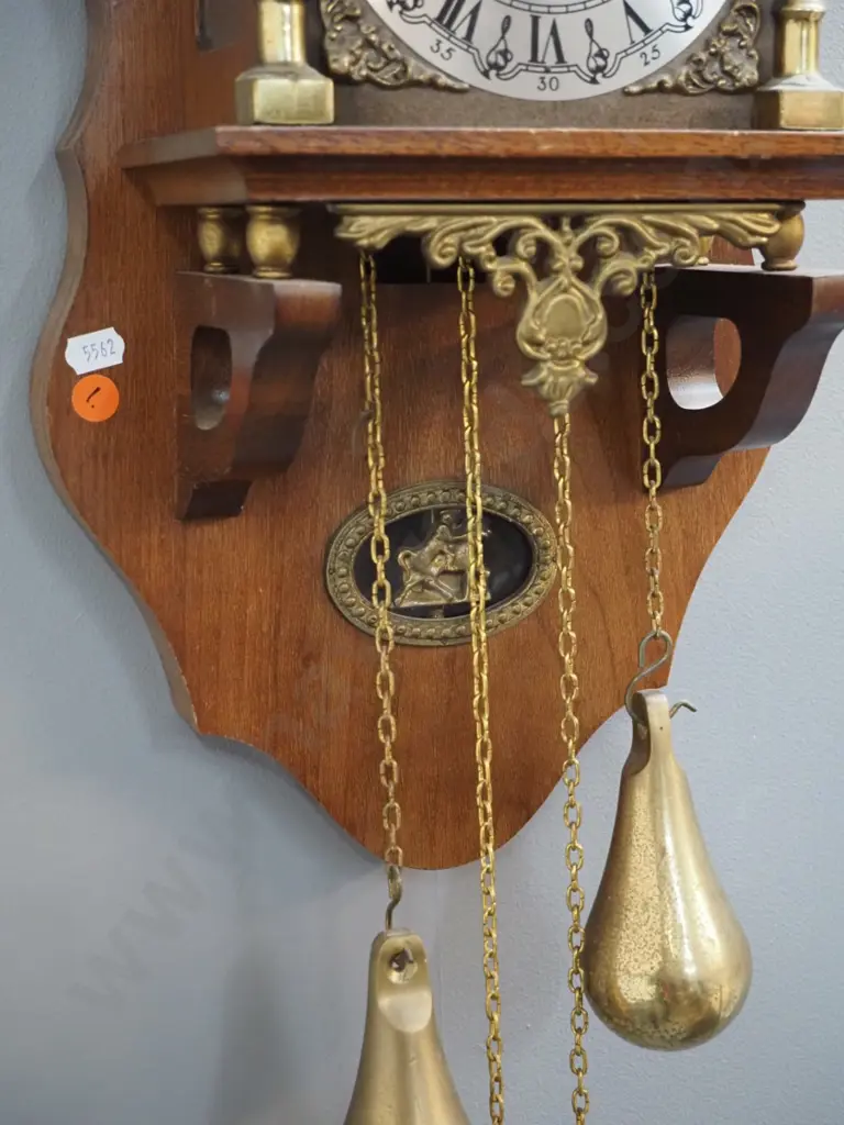 wood-cased wall clock with ormolu ornaments, Atlas figure, figural pendulum, some pitting to brass weights H640 W250 Image 1++