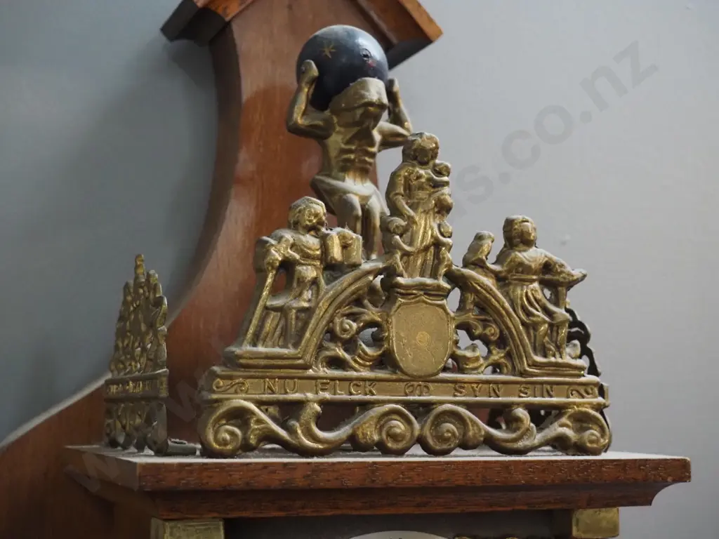 wood-cased wall clock with ormolu ornaments, Atlas figure, figural pendulum, some pitting to brass weights H640 W250 Image 1++