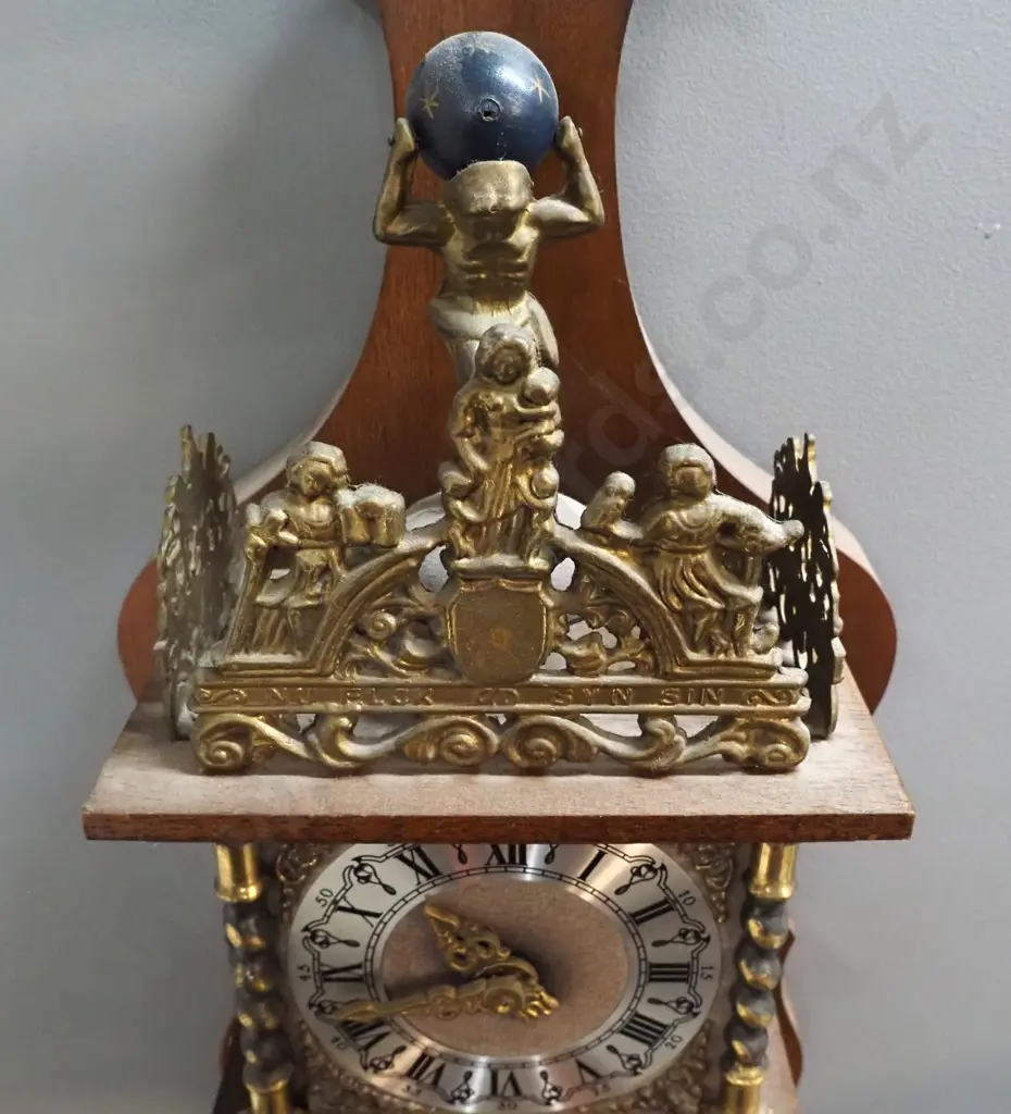 wood-cased wall clock with ormolu ornaments, Atlas figure, figural pendulum, some pitting to brass weights H640 W250 Image 1++